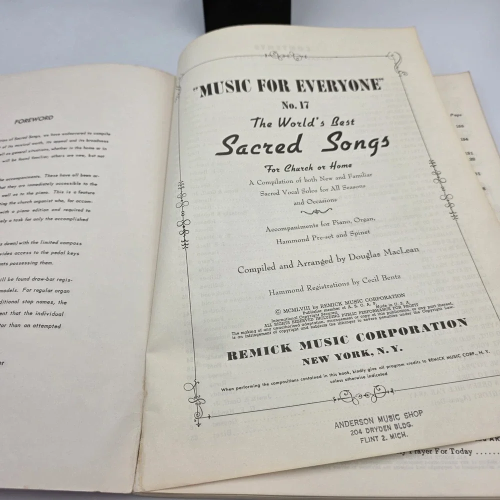 Sacred Songs No. 17 Remick Music 1958 Piano Organ Sheet Music Hymns Paperback
